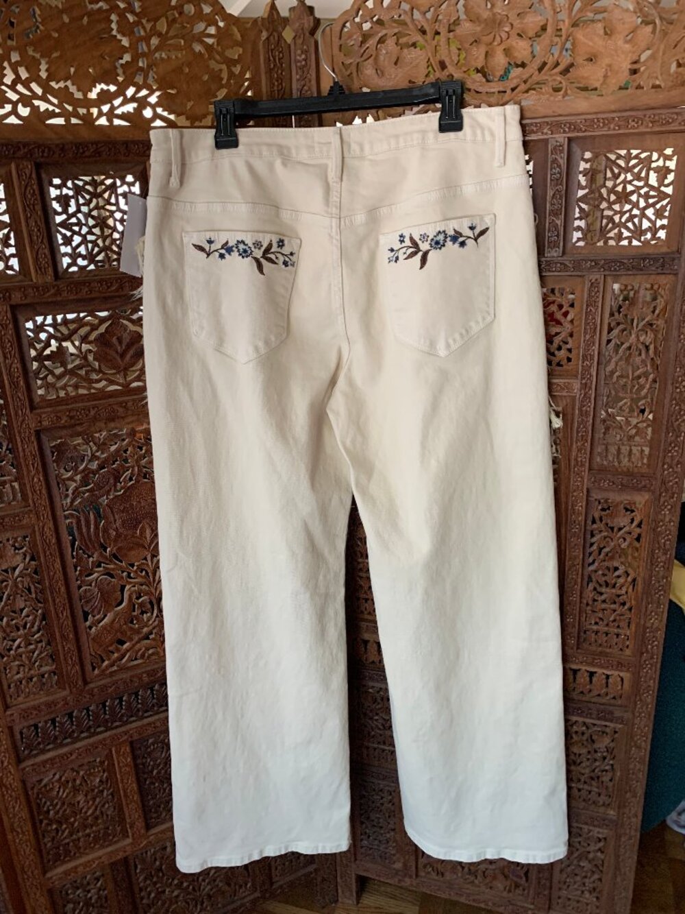 DRIFTWOOD Frankie by Free People Cream and navy embroidered Wide Leg Jeans - Picture 4 of 9